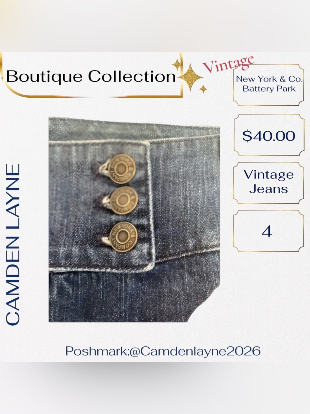 New York & Company Vintage Battery Park Button Dark Blue Flared Jeans - Picture 6 of 8